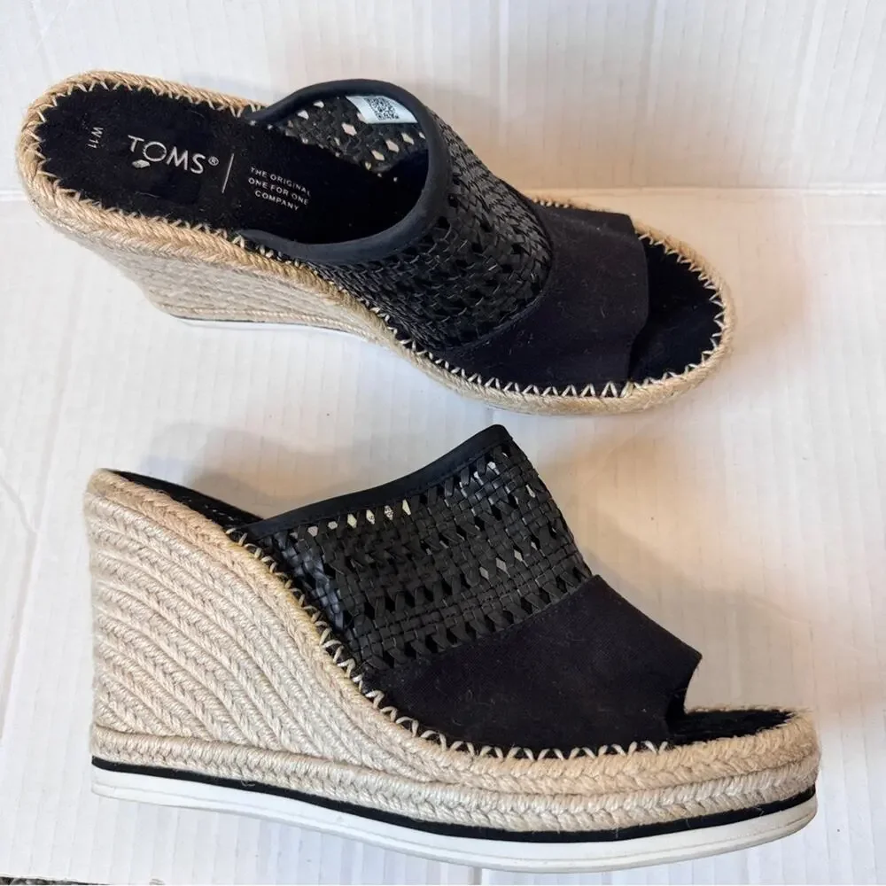 Toms Black Leather Peep Toe Espadrille Wedge Sandals Womens 11 Beachy Summer